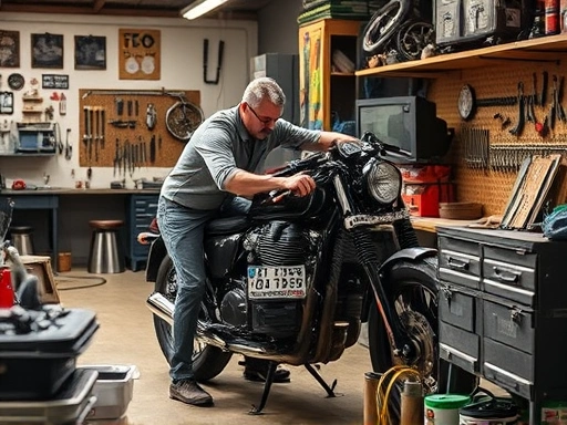 A detailed workshop scene with a motorcycle mechanic working on an engine, surrounded by various tools, emphasizing professionalism and technical expertise, with warm lighting and a clean environment.