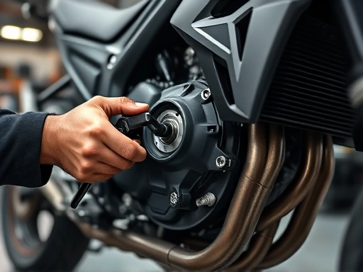 A close-up shot of a skilled motorcycle mechanic's hands expertly adjusting an engine part with tools, in a clean and well-lit repair shop, emphasizing precision and expertise. SEO keywords: motorcycle mechanic, engine repair, professional tools.