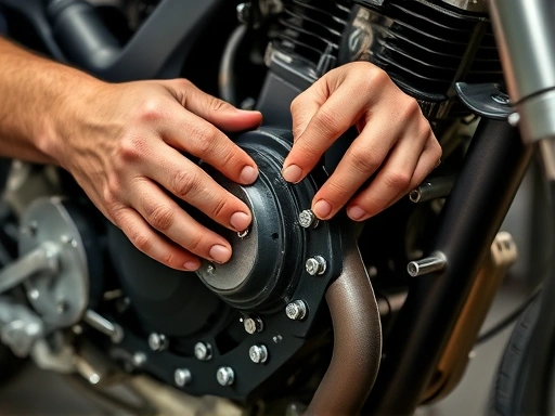 A close-up shot of a skilled motorcycle mechanic's hands meticulously working on a complex engine part, surrounded by specialized tools, highlighting precision and expertise in motorcycle repair.