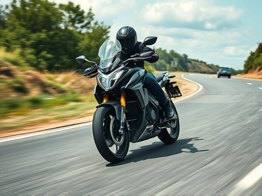A dynamic wide shot of a motorcycle rider testing a motorbike on an open, safe road, showing smooth cornering and stable acceleration, conveying a sense of performance verification after maintenance.