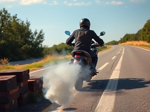 A motorcycle rider quickly pulling over to the side of a road, with steam rising from the engine, indicating an overheating issue, in a realistic and urgent scene with a clear sky.
