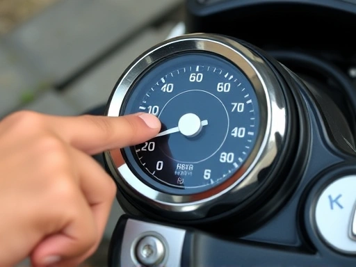 Close-up of a motorcycle's engine temperature gauge showing high temperature, with a hand pointing towards the radiator or coolant reservoir, emphasizing inspection and urgency.