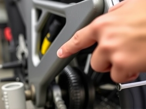 A close-up shot of a hand pointing to a VIN (Vehicle Identification Number) on a motorcycle frame, with a blurred background of tools, emphasizing the importance of accurate identification.