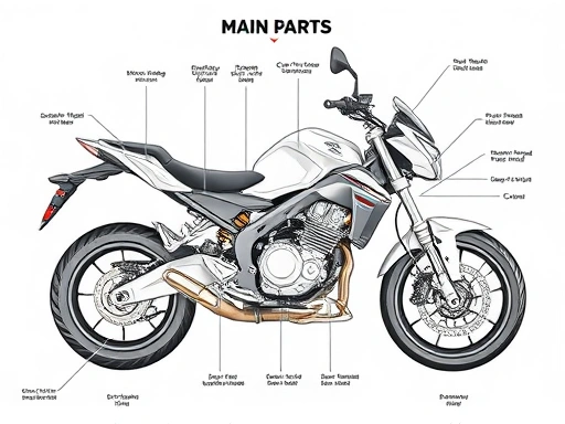 A detailed diagram showing the main parts of a motorcycle, highlighting the engine, frame, and suspension components, with clear labels and a modern, clean aesthetic.