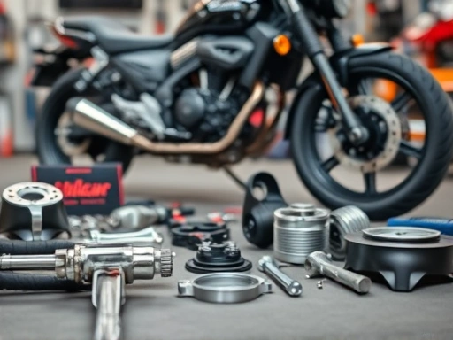 A detailed shot of various motorcycle parts laid out, symbolizing maintenance and care, with tools and a blurred workshop background, focusing on longevity and replacement. Clean, professional lighting.
