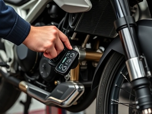 A detailed close-up shot of a mechanic's hands checking motorcycle components like fluid levels and tire pressure with a checklist in the background, emphasizing careful inspection after maintenance. Focus on the engine and wheels.
