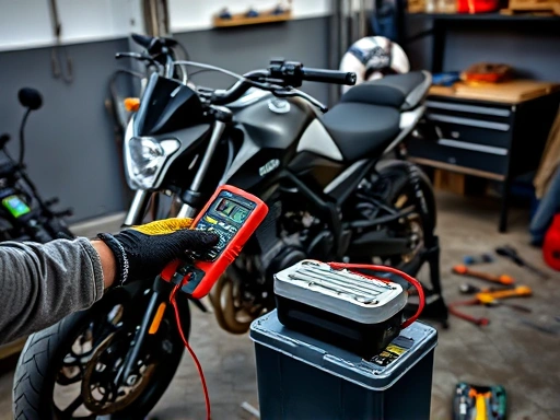 A motorcycle parked in a garage, a person in mechanic gloves using a multimeter to check the battery, with tools scattered around. Clean, well-lit scene.