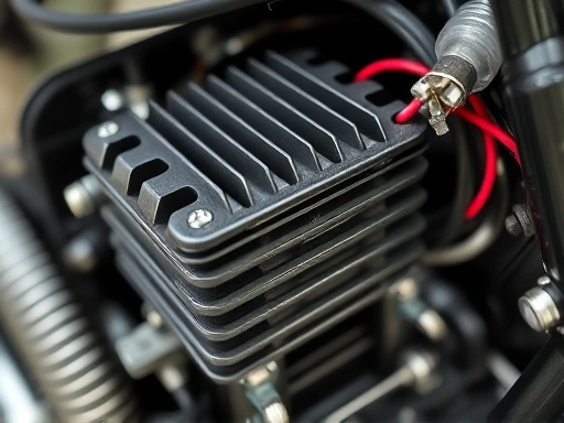 Close-up shot of a motorcycle's rectifier-regulator with electrical wires connected, showing details of the cooling fins and wiring harness.