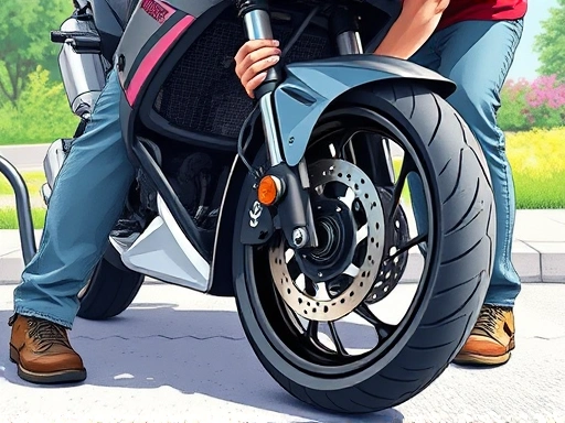 A detailed illustration of a person performing a pre-ride safety check on a motorcycle, focusing on the tires and brakes. The scene is outdoors with natural lighting, showing a modern motorcycle in good condition.