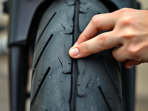 Close-up view of a hand checking a motorcycle tire's tread depth and sidewall for cracks, with a focus on the tire's texture and small details, emphasizing the importance of tire inspection.
