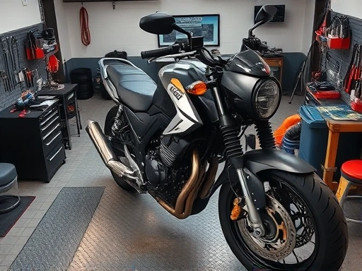 A detailed top-down view of a motorcycle undergoing a post-maintenance check inside a clean, well-lit mechanic's garage, with tools neatly arranged and a focus on engine and tire areas. Features relevant keywords: motorcycle maintenance, pre-ride check, mechanic, garage, tools, engine, tires.