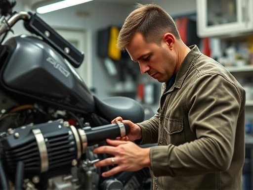 A skilled mechanic intently working on a motorcycle engine in a clean, well-lit repair shop, surrounded by specialized tools and equipment, emphasizing precision and expertise.