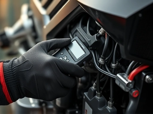Close-up on a mechanic's hands wearing gloves, carefully inspecting a motorcycle's intricate wiring harness with a diagnostic tool, highlighting attention to detail and technical skill.