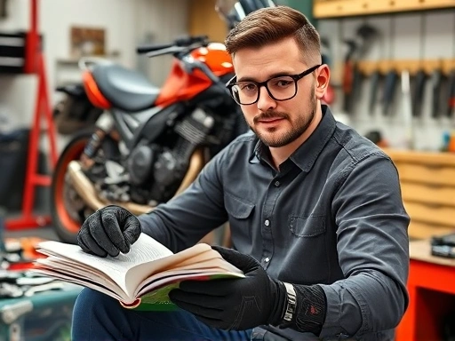 A person wearing mechanics gloves and safety glasses, sitting comfortably at a workbench with an open motorcycle repair manual, surrounded by tools and a partially disassembled motorcycle engine in the background, demonstrating focus and clear understanding, bright workshop lighting, technical details, informative, how to read motorcycle repair manual, motorcycle repair guide.
