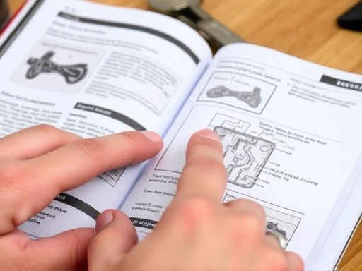 Close-up shot of hands pointing to a specific diagram or text in an open motorcycle repair manual, possibly highlighting a torque specification or an electrical circuit, with a wrench or other tool blurred in the background, emphasizing detail and practical application, clear focus on the manual's content, motorcycle repair manual, understanding manual symbols.