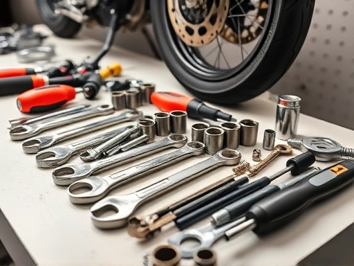 A well-organized set of essential motorcycle repair tools laid out on a clean workbench, featuring wrenches, sockets, and screwdrivers, with a motorcycle wheel partially visible in the background, clean and professional lighting.