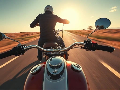 A dynamic, low-angle shot of a motorcycle rider on an open road, smoothly accelerating with a clear, fast throttle response, sun shining, motion blur on the background, conveying freedom and performance, SEO: motorcycle smooth acceleration, responsive throttle.