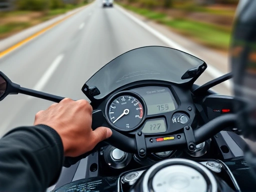 A close-up shot of a motorcycle rider's hand on the throttle and dashboard while on a test ride, showing speed and RPM gauges, with a blurred road background, emphasizing focus and attention to detail. Features relevant keywords: motorcycle test ride, dashboard, gauges, rider, focus, speed, RPM.