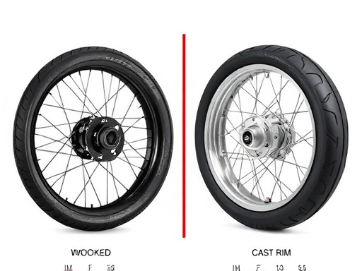 A clear comparison between a spoked motorcycle rim and a cast motorcycle rim, highlighting their structural differences relevant to tire compatibility and design for various riding styles.