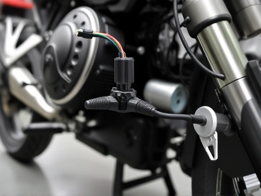 A detailed image showing a motorcycle's side stand sensor, with clear wiring and connection points, emphasizing the importance of this safety component. Focus on clarity and technical detail in a workshop setting.