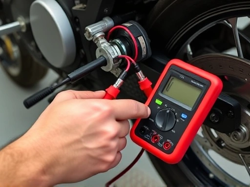 A close-up shot of a hand using a multimeter to test the electrical continuity of a motorcycle's side stand sensor, demonstrating a diagnostic step. Emphasize precision and a clean workspace.