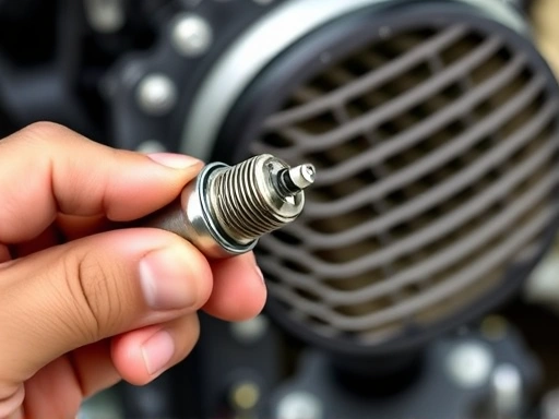 Close-up view of a hand holding a motorcycle spark plug, inspecting its tip and gap, with a clean air filter visible in the background, illustrating motorcycle speed loss and engine check.