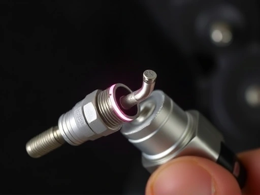 A detailed shot of a motorcycle spark plug being examined against a dark background, with a small, clear spark visible, illustrating the ignition system check for motorcycle no-start problems.