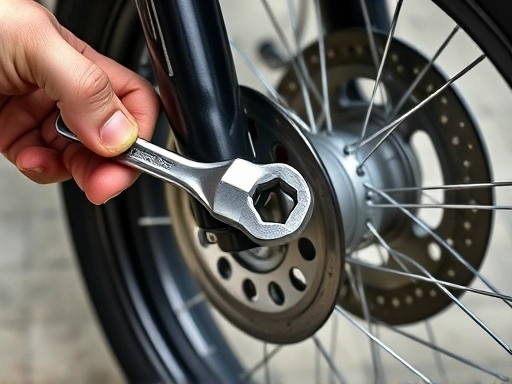 A close-up shot of a hand holding a spoke wrench, precisely tightening a spoke nipple on a motorcycle wheel rim. Show the spoke, nipple, and a section of the rim clearly, emphasizing the detailed work of spoke adjustment.