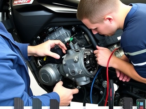 A mechanic troubleshooting a motorcycle starter motor, showing diagnostic tools and a partially disassembled engine bay, with a clear, professional, well-lit scene.