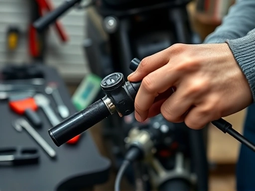 A detailed close-up shot of a mechanic's hands adjusting a motorcycle throttle cable on a workbench, with various tools, clean and professional setting, focus on precision and expertise, SEO: motorcycle throttle adjustment, mechanic repair.
