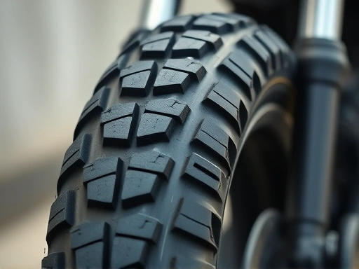 A close-up shot of a dual-sport motorcycle tire, highlighting the varied tread patterns designed for both on-road and off-road use, with a subtle blur in the background to emphasize the tire's intricate details and robust construction.