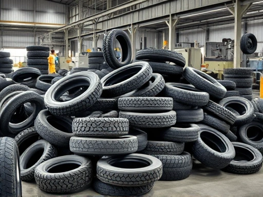 A pile of old motorcycle tires at a recycling facility, ready for processing, with machinery in the background, clean and organized, focusing on sustainable practices and tire waste management.