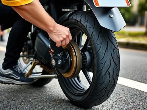 A side view of a person using an air compressor to adjust the motorcycle tire pressure, with the motorcycle parked, highlighting precision and proper inflation.