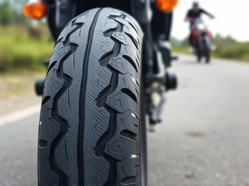 A detailed image showing a motorcycle tire with a rider in the background, focusing on the tire's tread and sidewall, highlighting the importance of motorcycle tire life extension and proper maintenance.