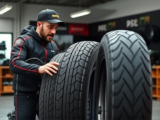 A professional motorcyclist expertly examining different tire patterns on a motorcycle, with a focus on their unique tread designs and performance characteristics in a modern garage setting.