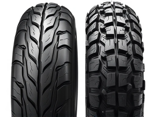 Close-up detailed view of a slick motorcycle tire tread, showing its smooth surface, contrasted with a knobby off-road tire, highlighting the deep grooves and aggressive pattern.