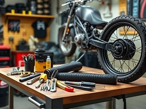 A well-lit workshop scene with various specialized motorcycle tire changing tools neatly laid out on a workbench, ready for use, with a motorcycle wheel nearby, emphasizing organization and readiness.