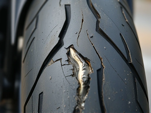 A close-up, high-detail shot of a damaged motorcycle tire's sidewall with distinct cracks and bulges, clearly showing the irreparable structural damage and worn rubber texture, emphasizing the safety limits of motorcycle tire repair and the need for replacement.