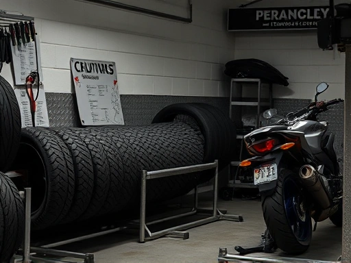 A clean, well-organized garage with motorcycle tires neatly stacked or on a rack, emphasizing proper storage conditions like darkness and coolness, with a hint of a motorcycle in the background.