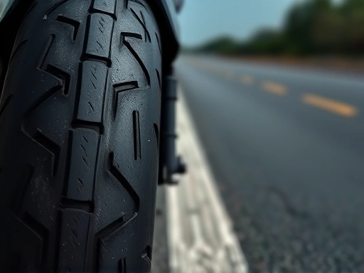 A close-up shot of a motorcycle tire showing heat waves, with a blurred background of a road and abstract lines representing grip and performance. The tire should look slightly warm, ready for action.