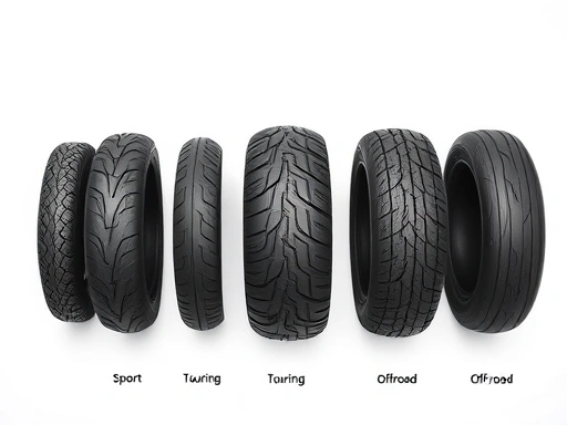 A detailed top-down view of various motorcycle tire types laid out side-by-side on a clean background, clearly showing their distinct tread patterns and compounds, with labels for sport, touring, and off-road tires. High resolution, professional studio lighting.