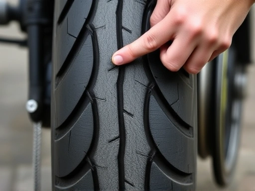A close-up shot of a motorcycle tire tread, showing a wear indicator clearly visible, with a hand pointing to it, emphasizing safety and maintenance.