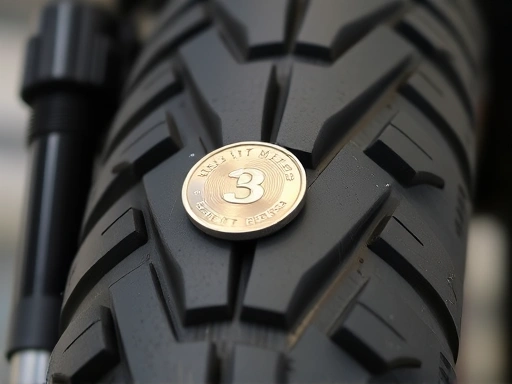 Detailed view of a coin inserted into a motorcycle tire tread to check depth, with a focus on the precise measurement, highlighting essential maintenance.
