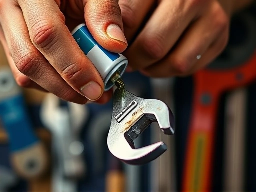 A close-up shot of a mechanic's hands applying rust-preventative oil to a clean, shiny metal wrench, with other well-maintained tools blurred in the background, focusing on tool longevity and care.