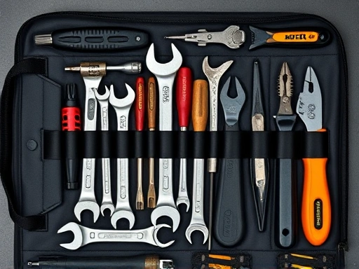 A detailed top-down view of a well-organized motorcycle toolkit, showing various wrenches, screwdrivers, and pliers neatly arranged in a tool roll, emphasizing organization and accessibility.