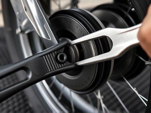 A close-up shot of a motorcycle tire bead being carefully pried off the rim using two tire levers, with a protective mat visible underneath the rim. The image emphasizes the precision and specific technique required for motorcycle tire and tube removal. The focus should be on the interaction between the tools, tire, and rim, highlighting the tire valve stem as a key element in the composition.