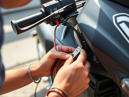 A person diligently installing a USB charger on a motorcycle, with tools and wires visible, sunny outdoor setting, close-up, action shot, practical, clear lighting.
