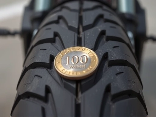 A focused, low-angle shot of a motorcycle tire tread, with a 100-won coin inserted to demonstrate tread depth, highlighting the importance of inspecting the tire's wear and overall condition for a used motorcycle tire guide.
