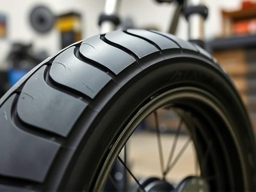 A detailed close-up shot of a motorcycle tire's sidewall, showing the DOT code clearly visible, in a clean, well-lit workshop setting, emphasizing precise inspection of a used tire for a motorcycle.