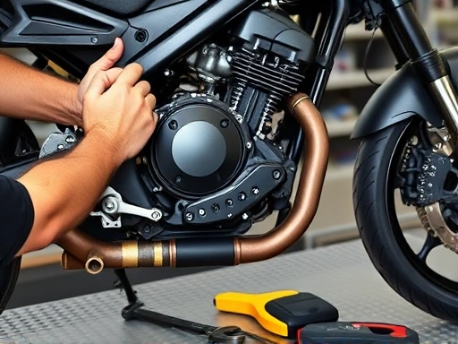 A detailed image showing a mechanic's hands inspecting the engine and frame of a motorcycle for vibrations, with various tools laid out. Focus on the engine mount area and chassis with clear background details, highlighting motorcycle vibration diagnosis and troubleshooting tools.